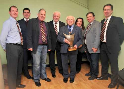 The board of Cork City football club making a presentation to President Michael D. Higgins on the occasion of his visit to the President's Cup 2016, at Turners Cross.
