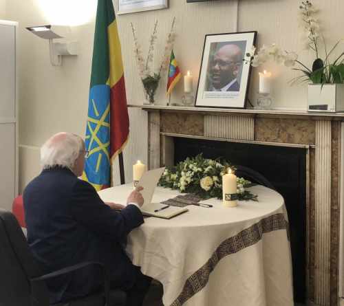 President signs the book of condolence on the death of former President of Ethiopia, Dr. Negasso Gidada