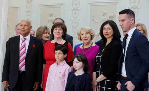 The family and partner Matthew Barrett (right) of Newly Elected Taoiseach Leo Varadkar, pictured with the Presidents wife, Mrs. Sabina Higgins
