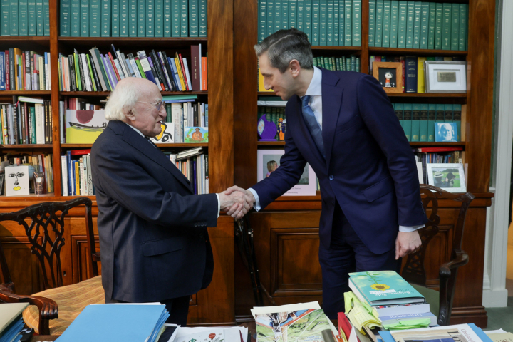 Simon Harris proffers his resignation as Taoiseach to President Higgins