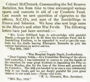 A letter of thanks to the Inniskillings for funds raised at a Garden Fete in Londonderry on Easter Monday 1916
