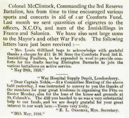 A letter of thanks to the Inniskillings for funds raised at a Garden Fete in Londonderry on Easter Monday 1916