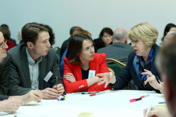 Pic shows  the President's wife Sabina Higgins  taking part in the Community Voices World Cafe Session  with Professor Aoife McLysaght,TCD and Mr. Trevor White.