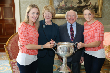 Pic shows Cork Ladies GAA player's on left ,Nollaig Cleary and  on right Briege Corkery as they met President Higgins and his wife Sabina at the reception.Pic Maxwells