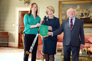 Pic shows President Higgins and his wife Sabina Higgins as they meet Megan Frazer who presented the president with a hockey stick signed by all the members of the Irish Hockey Team.Pic Maxwells 