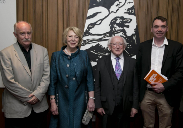 Editors PJ Mathews and Declan Kiberd with President Michael D Higgins and his wife Sabina Higgins