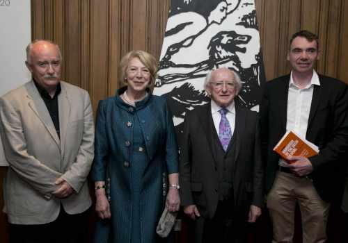 Editors PJ Mathews and Declan Kiberd with President Michael D Higgins and his wife Sabina Higgins
