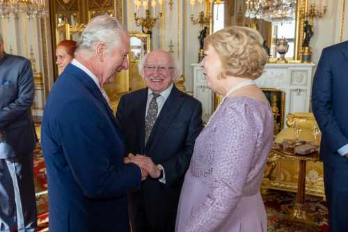 President and Sabina attend a reception hosted by Their Majesties King Charles III and Queen Camilla of the United Kingdom