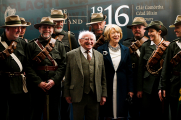 President Micheal D. Higgins and his wife Sabina chat to SIPTU Members, dressed as members of the Irish Citizen Army