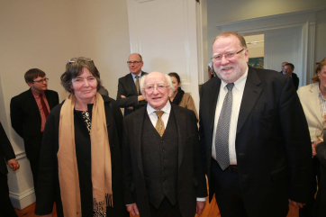 Prof Ríonach uí Ógáin, Director, National Folklore Collection, University College Dublin; President of Ireland, Michael D Higgins; and Cathal Goan, former Director General RTÉ