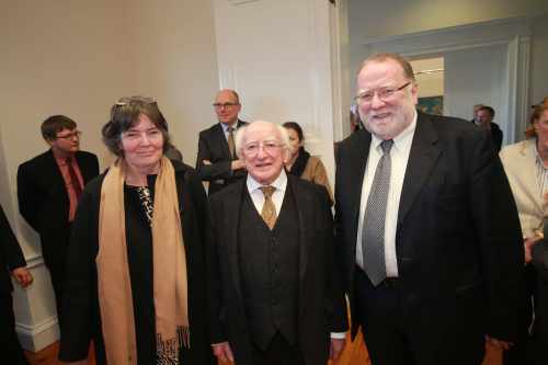 Prof Ríonach uí Ógáin, Director, National Folklore Collection, University College Dublin; President of Ireland, Michael D Higgins; and Cathal Goan, former Director General RTÉ