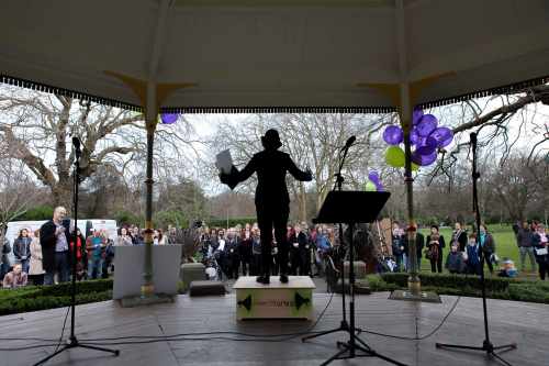 Sabina Higgins is pictured speaking on the soapbox 