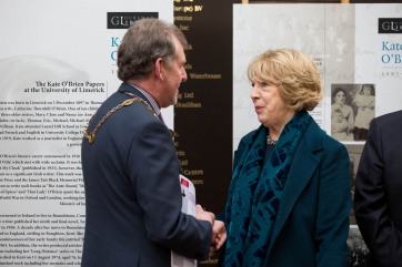 Michael Sheahan, Mayor of the Metropolitan District of Limerick, Mrs Sabina Higgins, wife of Úachtaráin na hÉireann, Michael D Higgins at the civic reception.