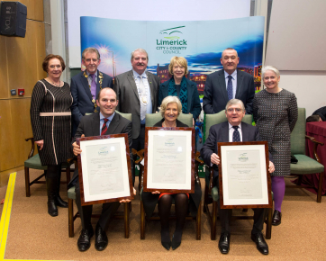 Richard Langford, relative of Charlotte Grace O’Brien,  Iseult Murphy, relative of Sophie Mary Peirce and John O'Brien, relative of Kate O'Brien.  Back from left: Vicki Nash, Michael Sheahan, Mayor of 