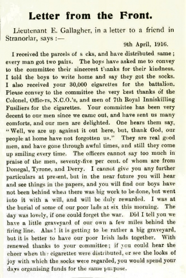Letter from the Front dated 9th April 1916 re 30,000 cigarettes for the 7th Battalion