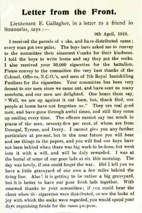 Letter from the Front dated 9th April 1916 re 30,000 cigarettes for the 7th Battalion