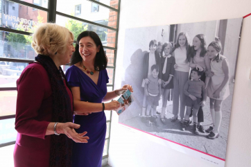 Sabina Higgins and Dr Sandra Collins, Director of the National Library of Ireland, looking at a picture of the former house of Sean O’Casey