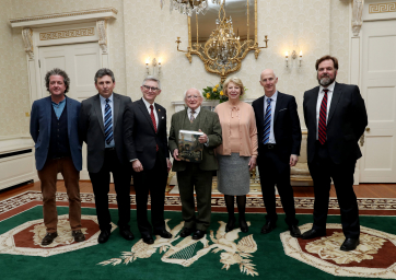 Donal Ó Drisceoil, editor, John Crowley, editor, Patrick O’Shea, UCC President, President Higgins, Sabina Higgins, Mike Murphy, editor and John Borgonovo, editor at Áras an Uachtaráin.