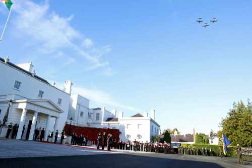 H.E. Mr. Nicos Anastasiades, President of the Republic of Cyprus outside of Áras an Uachtaráin as the Irish Air Corps do a fly past