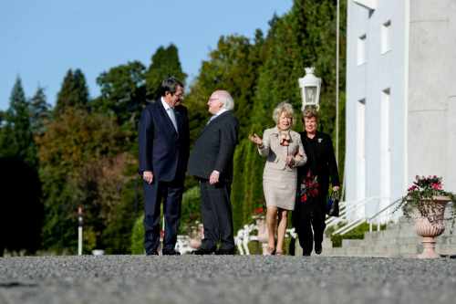 H.E. Mr. Nicos Anastasiades, President of the Republic of Cyprus and President Michael D. Higgins , Andri Anastasiades, spouse of the President of the Republic of Cyprus and Sabina Higgins in the grounds of Aras
