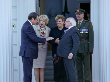 H.E. Mr. Nicos Anastasiades, President of the Republic of Cyprus and his wife Andri Anastasiades with President Michael D. Higgins and his wife Sabina as they depart Aras An Uachtarain