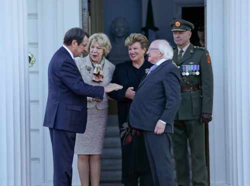 H.E. Mr. Nicos Anastasiades, President of the Republic of Cyprus and his wife Andri Anastasiades with President Michael D. Higgins and his wife Sabina as they depart Aras An Uachtarain