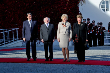 H.E. Mr. Nicos Anastasiades, President of the Republic of Cyprus and President Michael D. Higgins , Andri Anastasiades, spouse of the President of the Republic of Cyprus and Sabina Higgins in the grounds of Aras