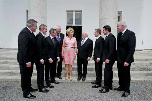 Richie, Johnny, Sammy, their dad Richard, Jerome, Robbie and Des from  Willoughby Brothers from Coolboy, Wiclklow meeting President Michael D Higgins and his wife Sabina.