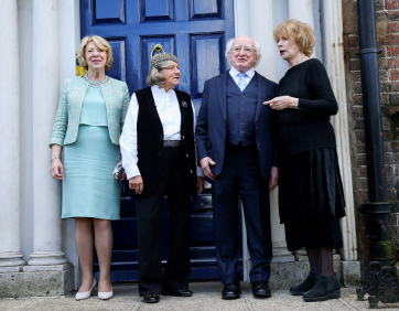 The President of Ireland, Michael D. Higgins and his wife Sabina, are pictured at the Arts Council offices with visual artist Imogen Stuart and writer Edna O’Brien.