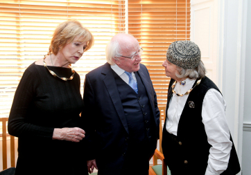 The President of Ireland, Michael D. Higgins are pictured at the Arts Council offices with writer Edna O’Brien and visual artist Imogen Stuart.