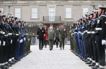 President Michael D Higgins,his  wife Sabina ,Tanaiste Joan Burton and Chief of Staff Vice Admiral Mark Mellett DSM inspecting an all female Guard of Honour from The Irish Defence Forces