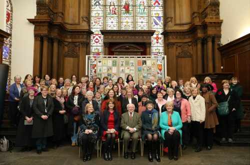 President Michael D.Higgins,his wife Sabina ,Tanaiste Joan Burton , Minister for Arts,Heritage and the Gaeltacht Heather Humphreys TD and Dublin Lord Mayor Críona Ní Dhálaigh and the creators of the  patchwork quilt