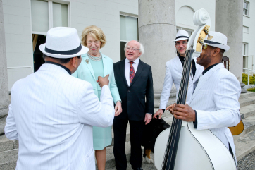 Pic shows President Higgins and his wife Sabina meeting with members of the Cuba Nica Latin music band from left Jayro Gonzalez , Orlando Molina and Tony Oscar