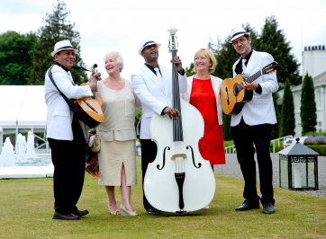 Pic shows Maire Eidhin , Ann Kenaghan with members of the Masamba Samba Band from left Jayro Gonzalez , Tony Oscar and Orlando Molina