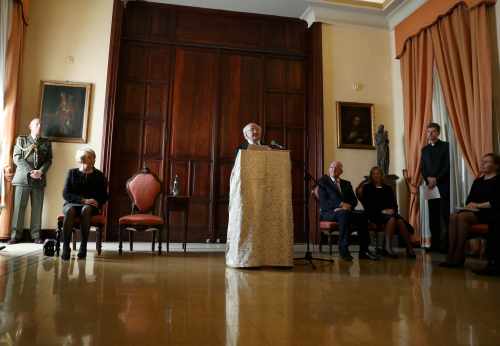 President Higgins speaking to guests at the Pontifical Irish College where a reception was held by the Irish Ambassador in Rome