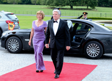 President of the Federal Republic of Germany H.E. Mr Joachim Gauck and Ms Daniela Schadt as they make their way into Aras An Uachtarain during State Dinner