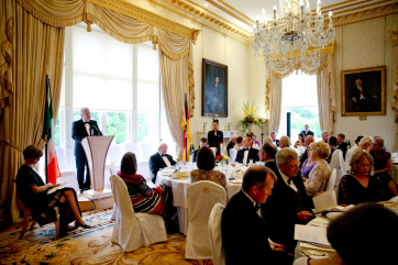 President of the Federal Republic of Germany H.E. Mr Joachim Gauck as he makes his speech as President Higgins his wife Sabina and Ms Daniela Schadt listen on at State Dinner in Aras An Uachtarain