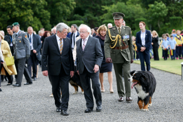 Pic shows President Higgins with President of the Federal Republic of Germany H.E. Mr Joachim Gauck as they make their way back after tree planting in Aras An Uachtarain