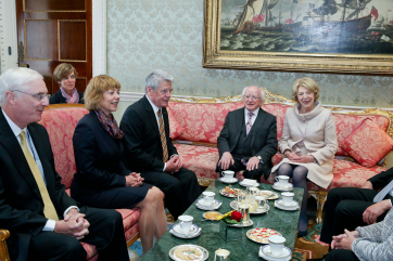 Pic shows President Higgins and his wife Sabina with President of the Federal Republic of Germany H.E. Mr Joachim Gauck and Ms Daniela Schadt as they have a Tete a Tete in Aras An Uachtarain