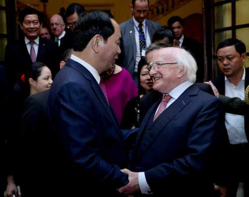 President Higgins with President Of The Socialist Republic Of Vietnam H.E. Tran Dai Quang  where they attended a evenings entertainment and dance by Moxie at the Hanoi Opera House