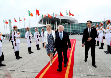 President Michael D. Higgins and his wife Sabina as they depart Hanoi before traveling to Laos