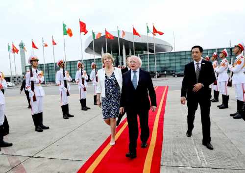 President Michael D. Higgins and his wife Sabina as they depart Hanoi before traveling to Laos