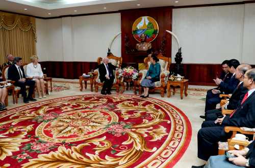 President Higgins , his wife Sabina and John Halligan Minister of state for Training and Skill meeting with Ms Pany Yathortoun