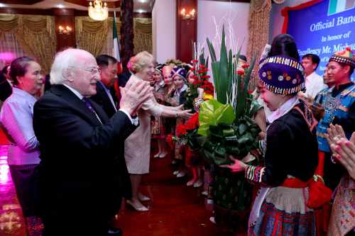 President Higgins and his wife as they meet the Traditional dancers who performed at the State Dinner