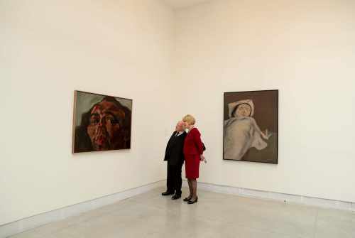 President Higgins and his wife Sabina as they view paintings by Syrian born artist Marwan