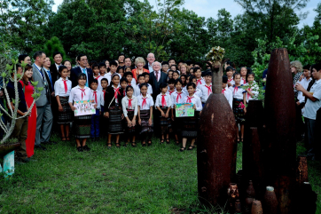 President Higgins and his wife Sabina in Dong Ho city were they visited Project RENEW, a Mine Action visitor centre as they join local children who attend centre to advise them on mines