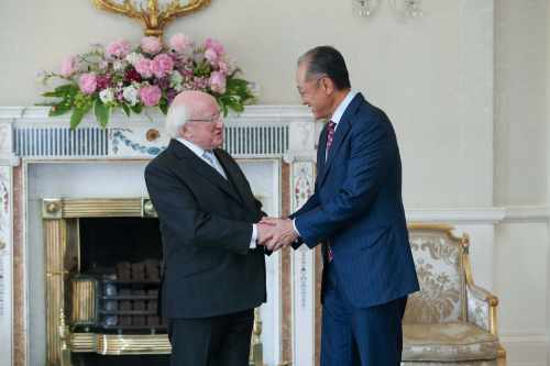 Pic shows President Michael D. Higgins with President of the World Bank Group Dr. Jim Yong Kim in Áras an Uachtaráin