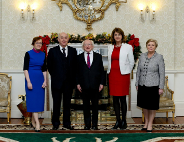President Higgins with Mr Justice Kelly, Tanaiste Joan Burton, Attorney General Maire Whelan and Frances Fitzgerald, TD, Minister for Justice and Equality