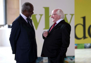 President Higgins is pictured at a meeting of the Conseil Economique, Social et Environmental with Kofi Annan.
