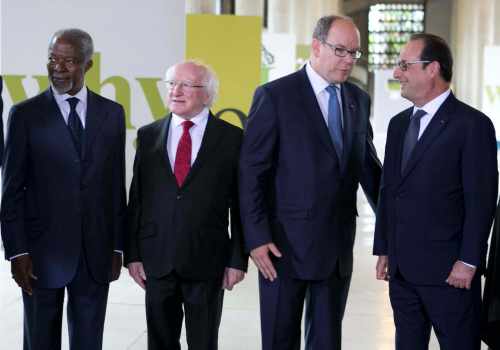 President Higgins is pictured at a meeting of the Conseil Economique, Social et Environmental with Kofi Annan, Prince Albert of Monaco and President Hollande.